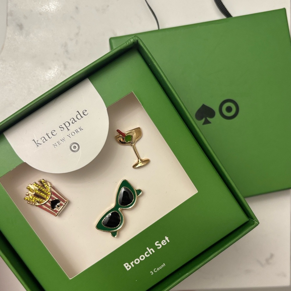 Kate Spade Target 3pk Novelty Pin Brooch Set Gold Pink and Green New Limited - Picture 10 of 10